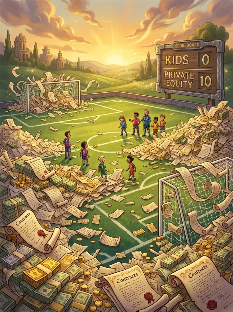 Children playing soccer on a field covered with towering piles of contracts, stacks of cash, and scattered gold coins.