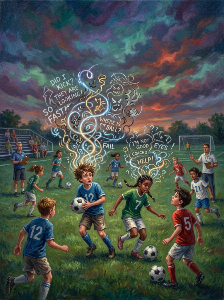 Children playing soccer with anxious thoughts illustrated above their heads