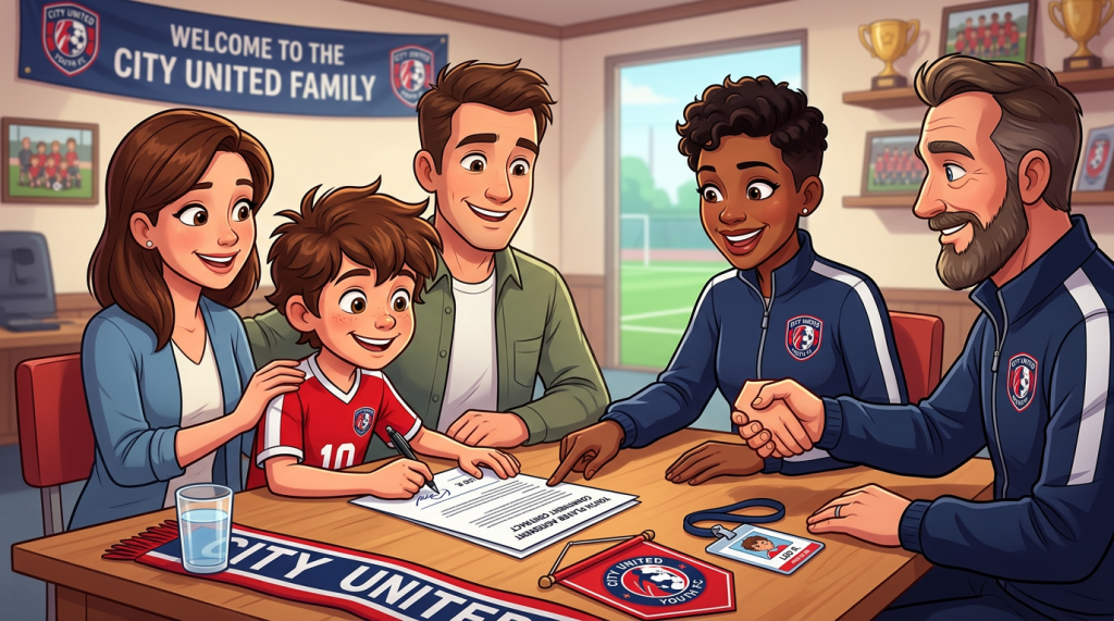 Youth soccer club holding kids at contract signing