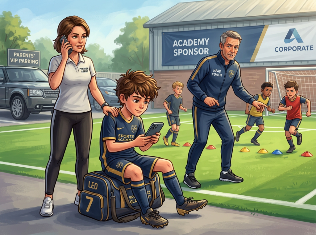 Young boy sitting on a sports bag using a phone as coach instructs kids running cones on soccer field